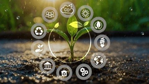 Grön planta med symboler för hållbarhet och cirkulär ekonomi